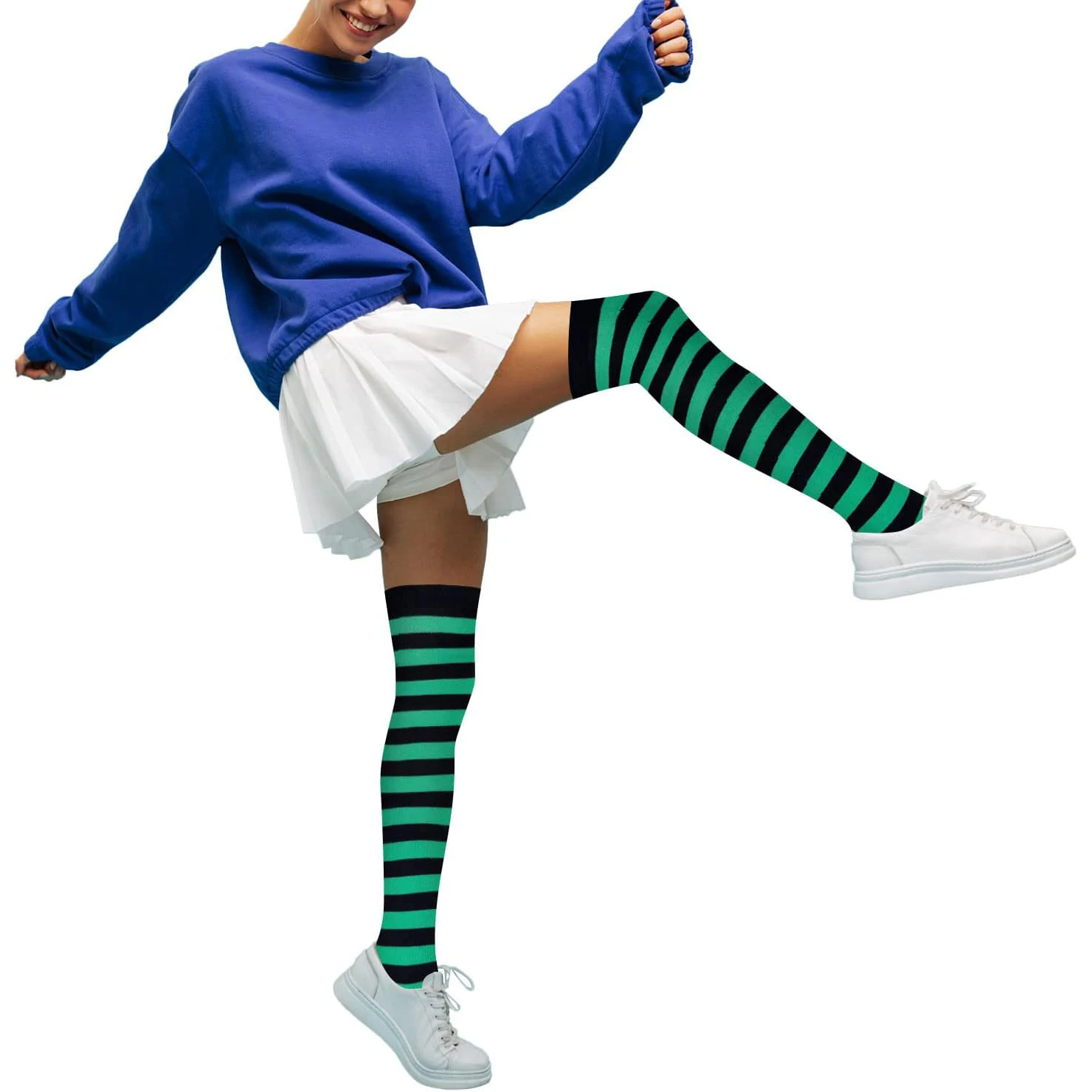 1 Pair Women\'s Long Striped Socks Over Knee Thigh High Stockings for Independence Day Christmas Halloween Witch Cosplay Stocking