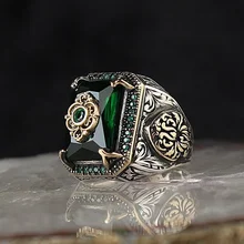 Retro Handmade Turkish Signet Ring For Men Women Ancient Silver Color Carved Eagle Ring Green Zircon Inlay Punk Motor Biker Ring