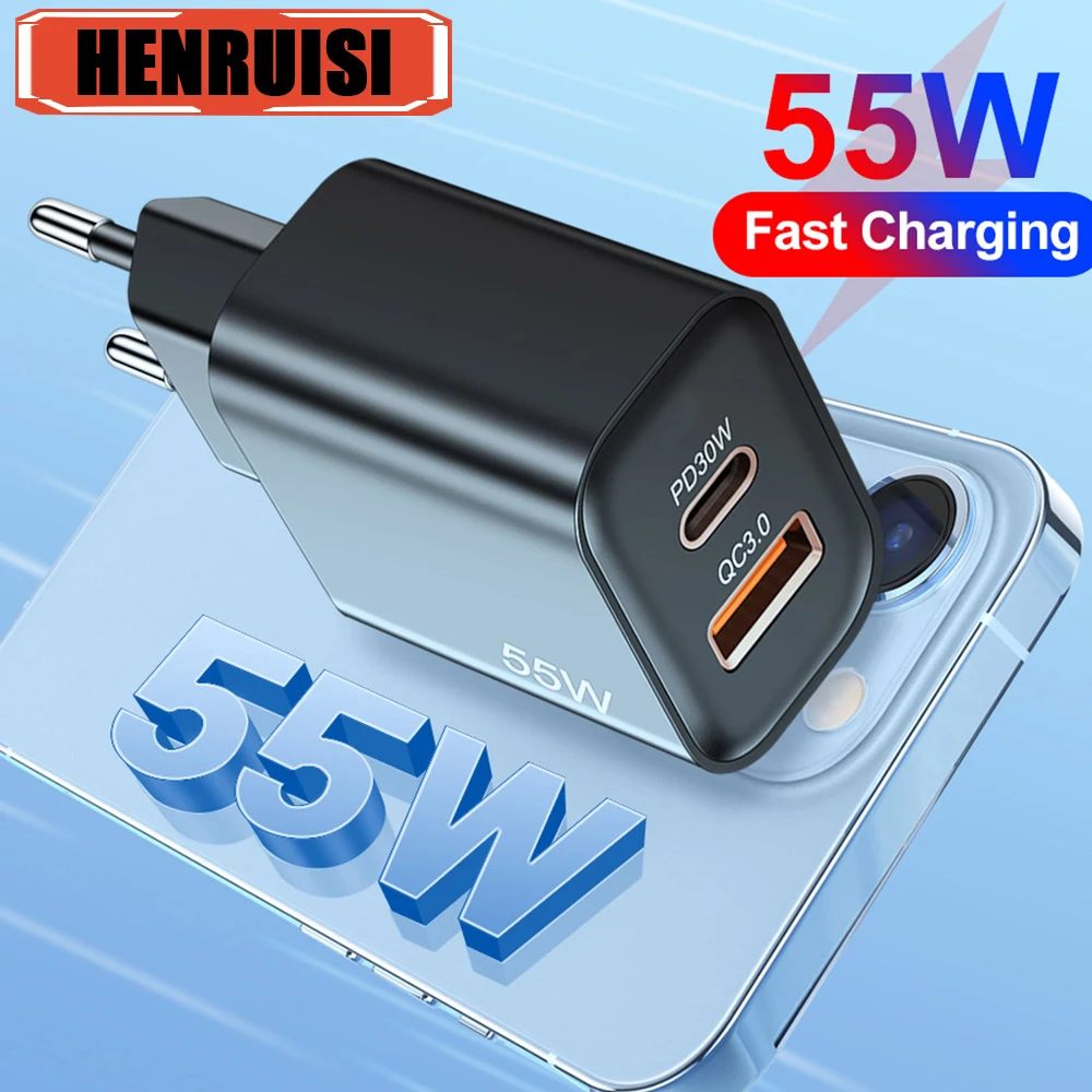 55W USB PD Charger Fast Charge Type C Wall Charger Quick Charge 3.0 Phone Adapter For iPhone 15 14 13 Pro Xiaomi Samsung