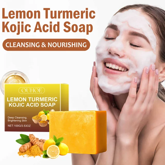 Savon à l'acide kojique au citron et au curcuma, éclaircissant, nettoyant en profondeur, brillant, rajeunissant, exfoliant, même le teint de la peau, fait à la main 1