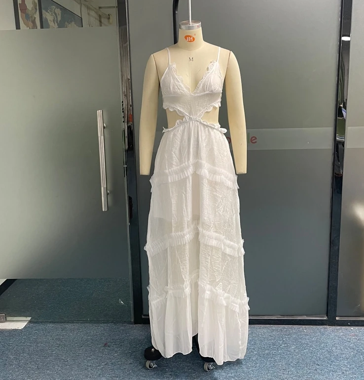 

Party Dresses for Women 2024 Sexy Hollow Backless Solid Color Camisole V-Neck Lace Inner Lining Perspective Holiday Long Dress