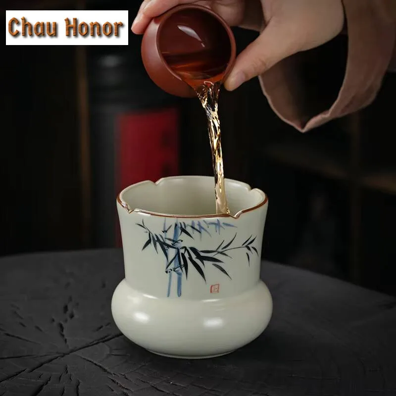 460ml Ancient Hand-painted Bamboo Jianshui Handmade Ru Kiln Tea Wash Writing-brush Washer Household Chaxi Teaware Ornaments