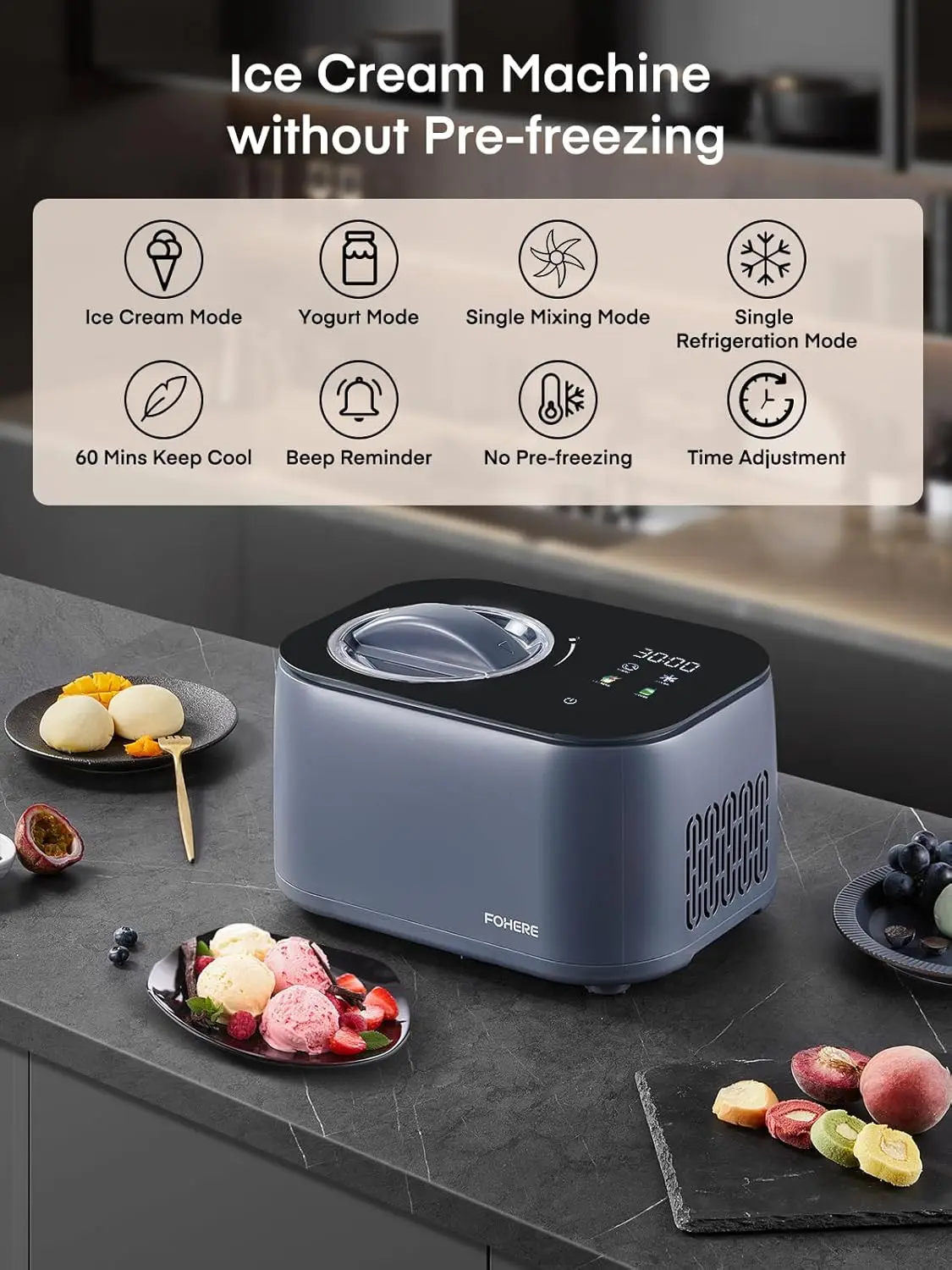 1.2-Quart Touch Screen Automatic Ice Cream Maker with Compressor, No Pre-freezing, 4 Modes Frozen Yogurt Machine with LCD Displa 2