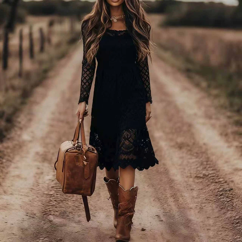 فستان التنقل اليومي للخريف نمط جديد للنساء عالي الخصر ورقبة على شكل حرف U وأكمام طويلة فستان دانتيل مطرز بلون واحد