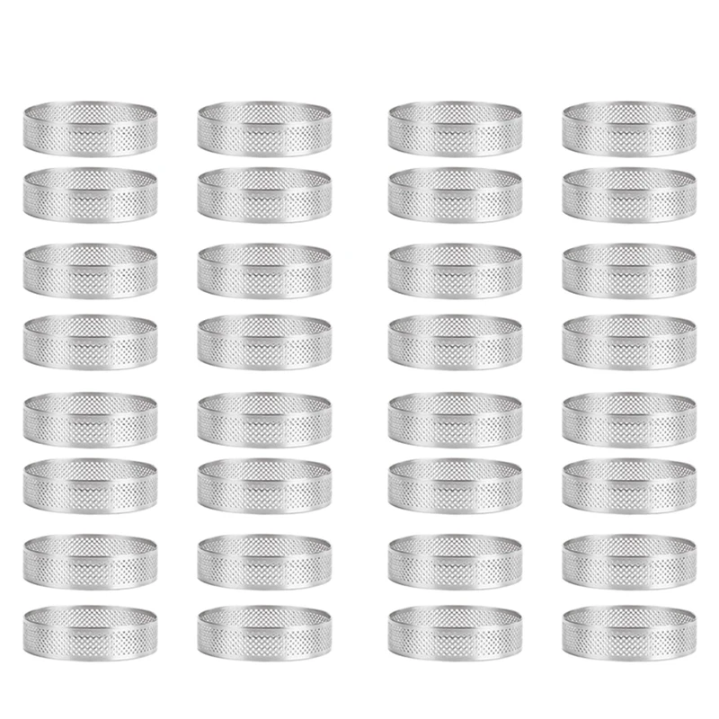 

32Pcs Stainless Steel Tart Ring, Heat-Resistant Perforated Cake Mousse Ring Round Double Rolled Tart Ring Metal Mold 6Cm