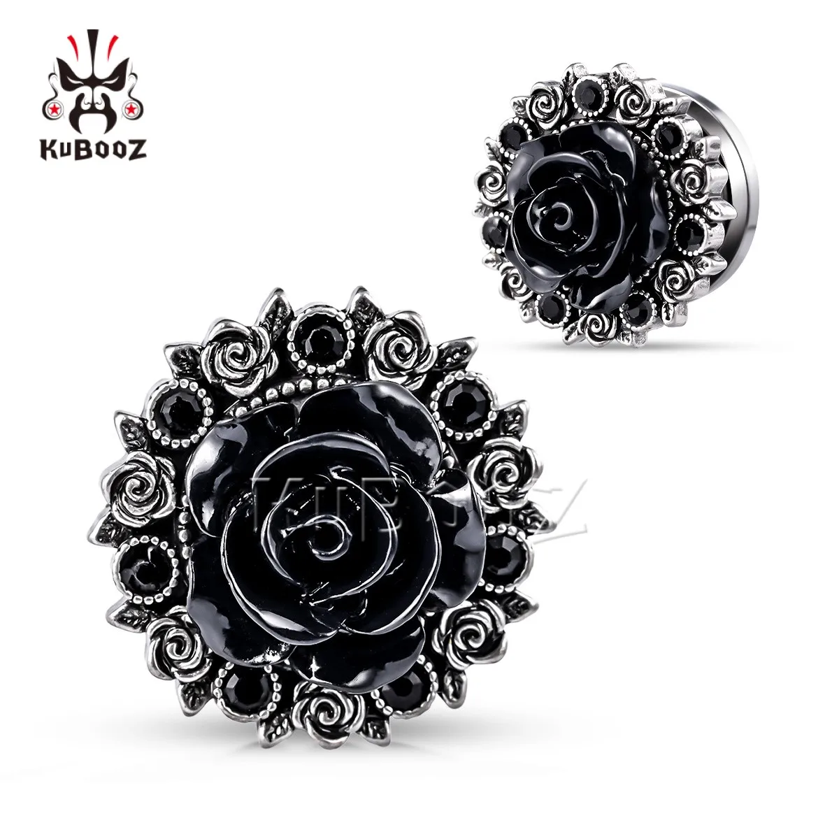 

KUBOOZ Ear Expanders Gauges Plug Stretchers Gothic Flower Earrings Stainless Steel Piercing Body Jewelry 2PCS