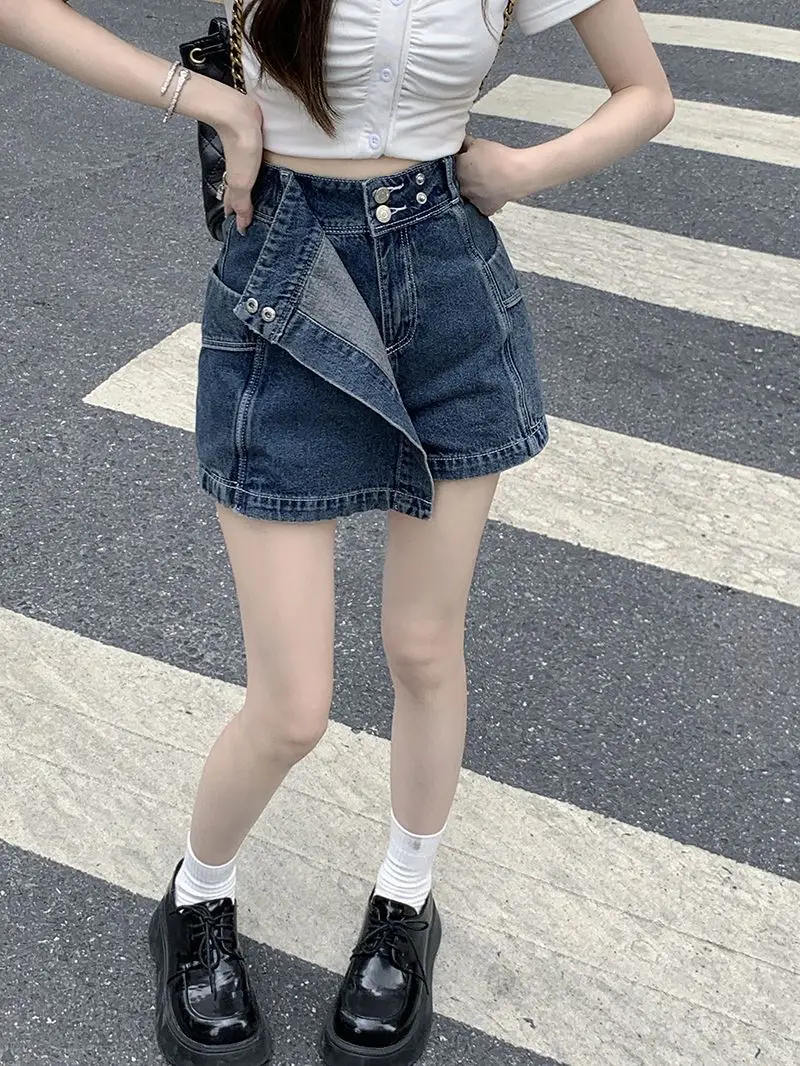 Button Pockets Patchwork Asymmetrical Zipper Solid Color Shorts Women's Clothing Fashion Loose Streetwear Summer Thin High Waist
