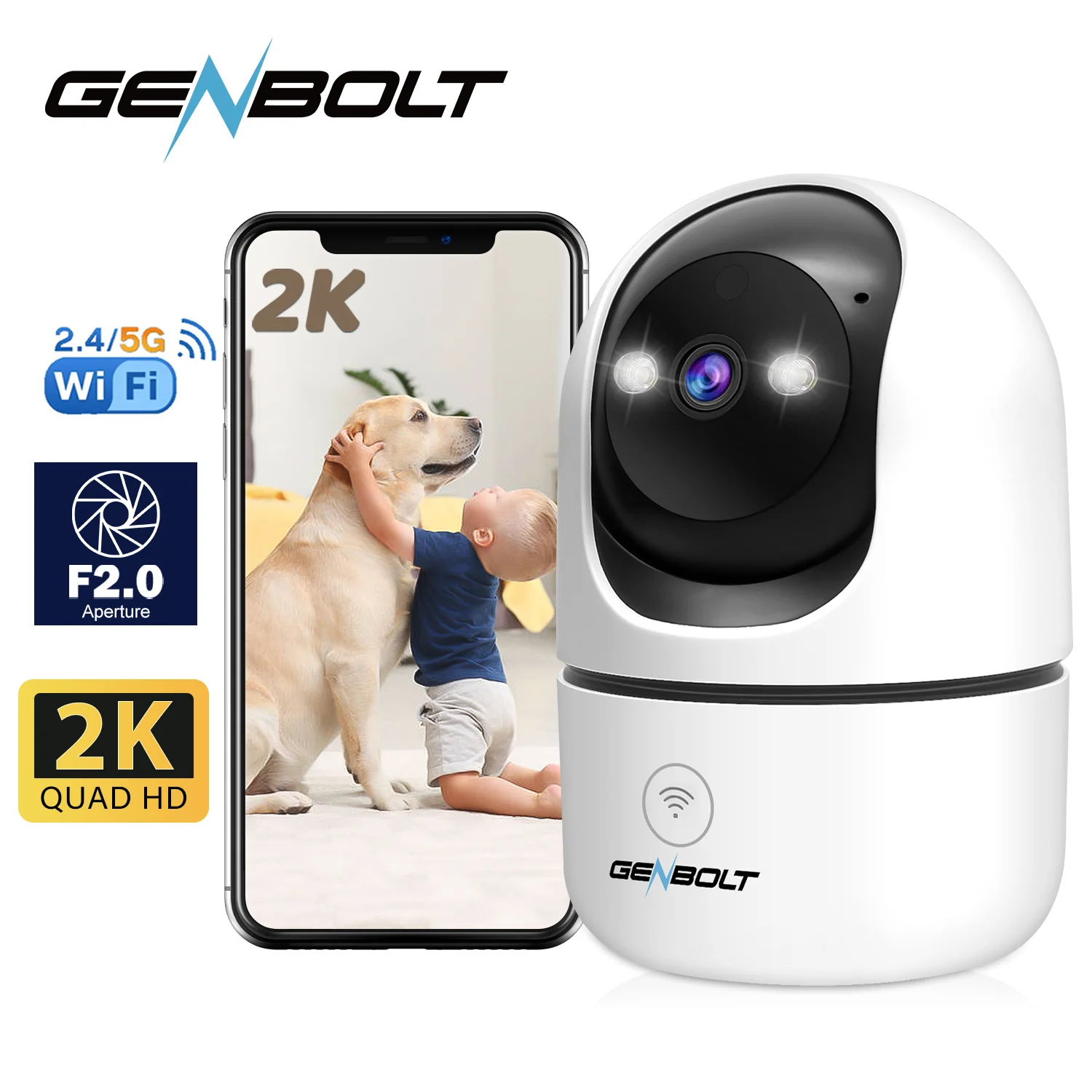 GENBOLT 2K Pet Camera, WiFi Security Camera Indoor,Home Surveillance IP Camera CCTV with Humanoid Detection, Auto Cruise Dog Cam with Audio Alarm