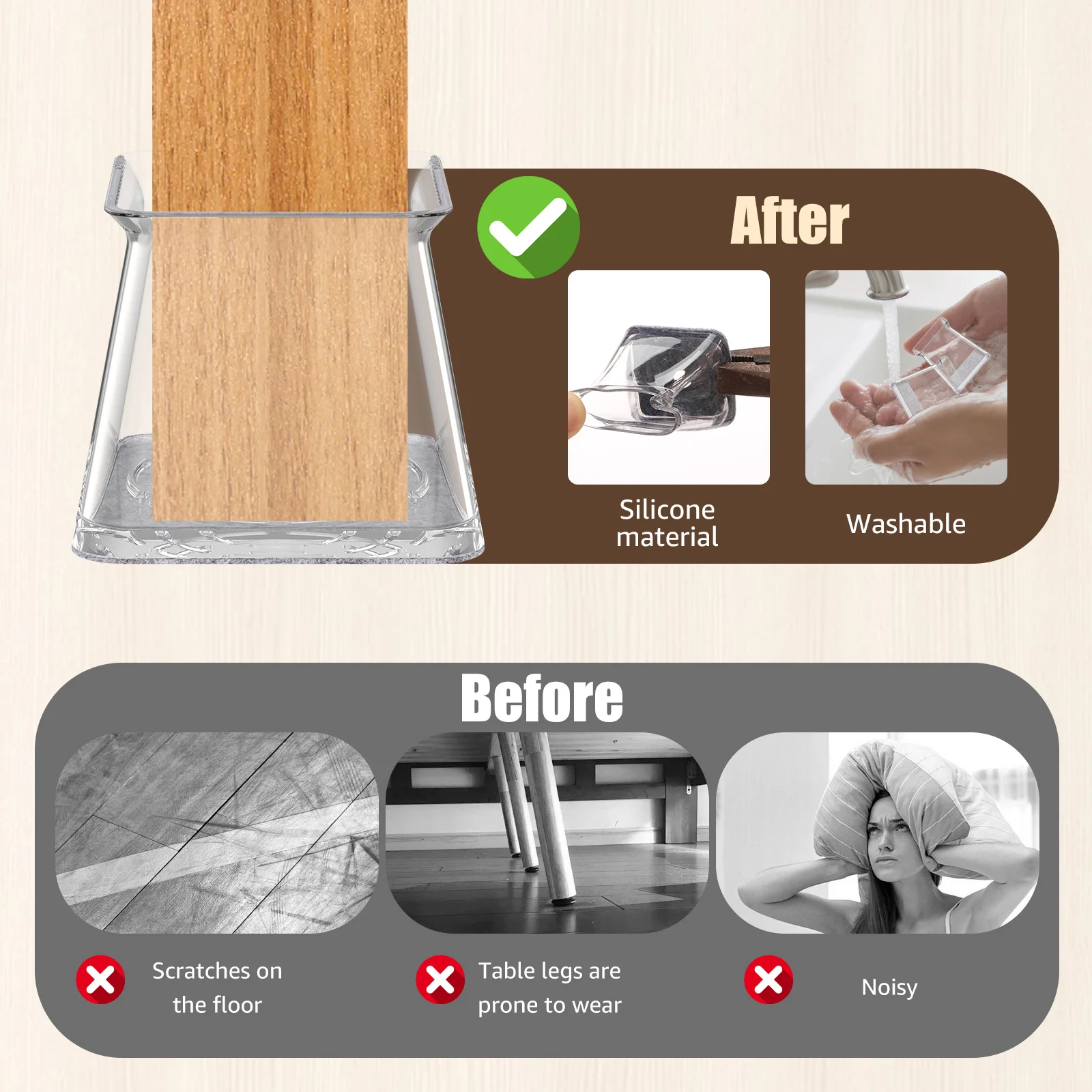 32Pcs Furniture Leg Cover Silicone Square Chair Leg Floor Protectors with Felt Bottom Anti Slip Chair Leg Caps for Reduce Noise