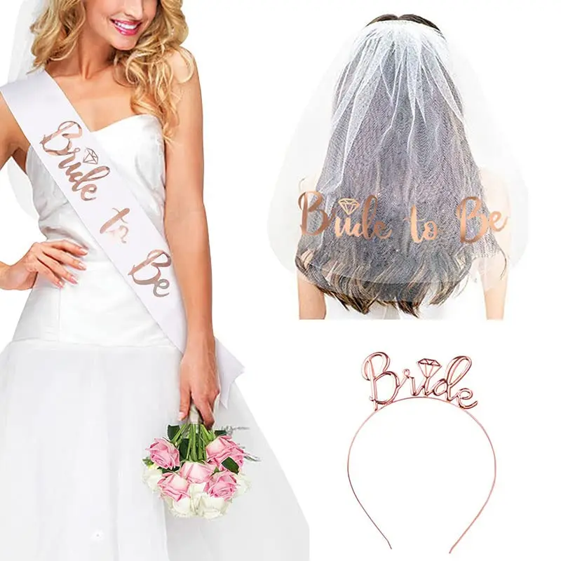 

Bride To Be Set 3pack Sash & Headband Tiara & Shoulder Length Veil Bachelorette Party Supplies Bridal Shower Accessories