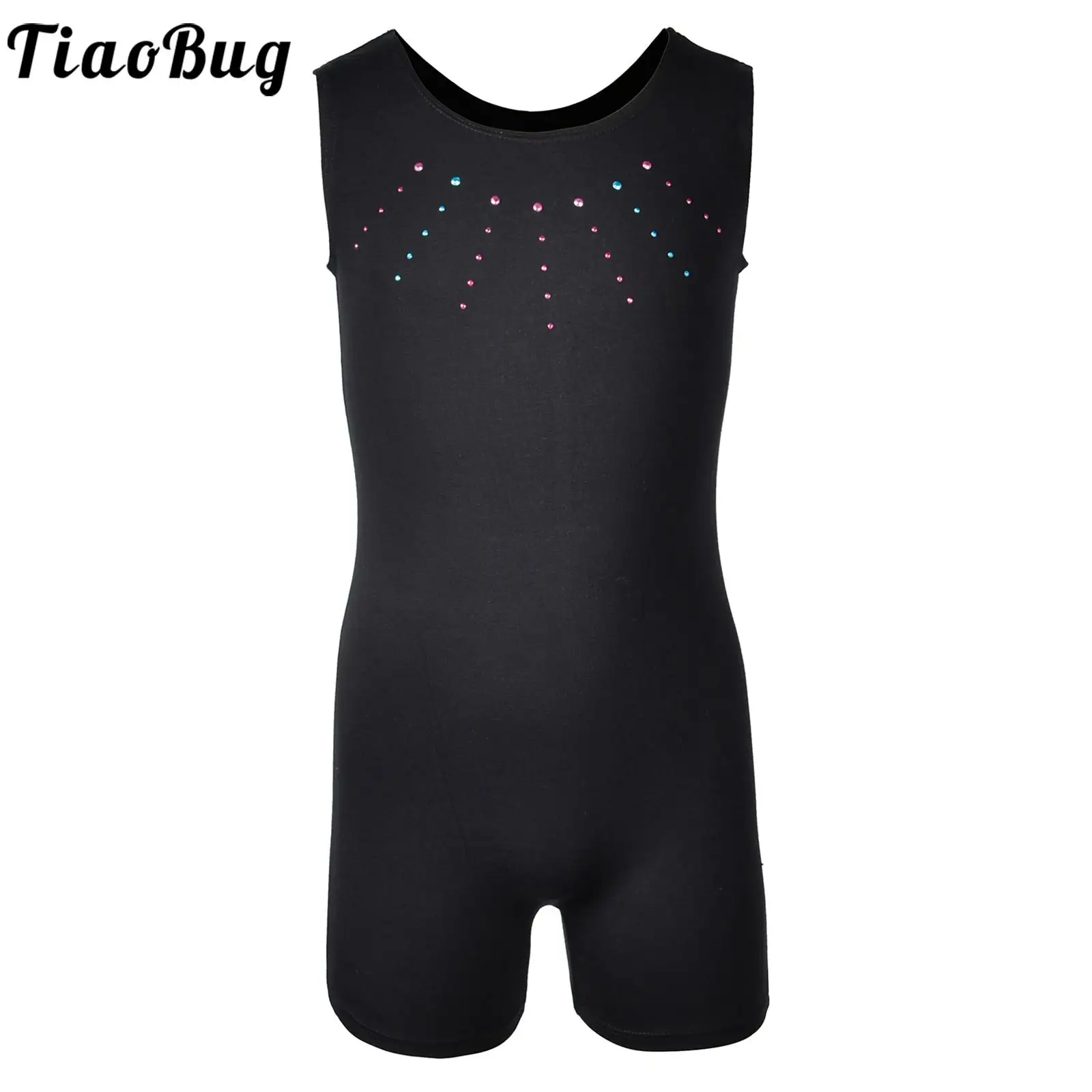 

Kids Girls Rhinestones Sleeveless Jumpsuit Leotard Solid Color Round Neck Bodysuit Gymnastics Dancing Stage Performance Costumes