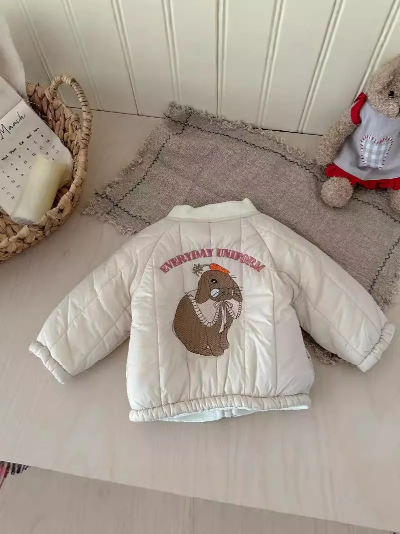 Winter Baby Fleece Warm Coat Cartoon Embroidery Boys Girls Cotton Padded Jacket Plus Velvet Thick Kids Quilted Jacket
