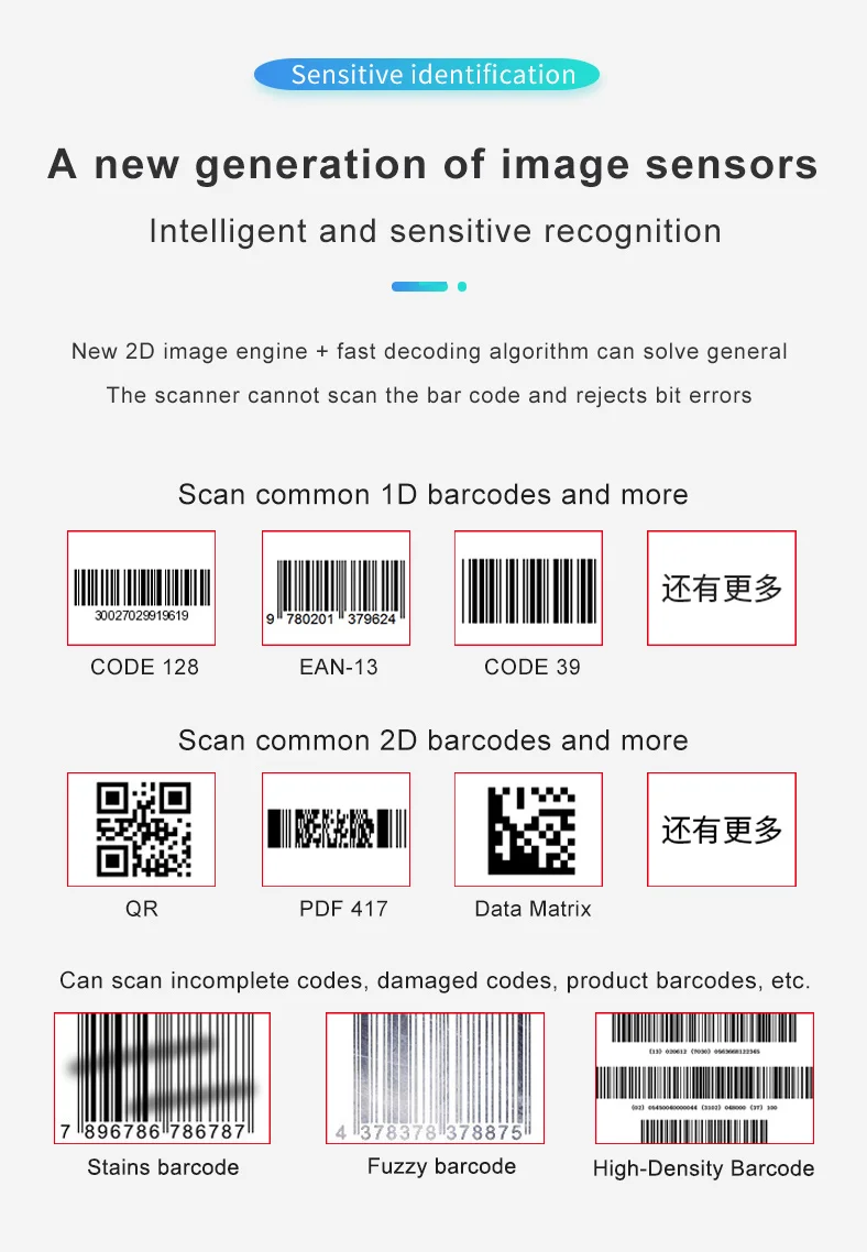 Barcode Scanner Wireless/wired 1D 2D Reader Image QR PDF417 Data Matrix Code Bar Gun RS232 Bluetooth