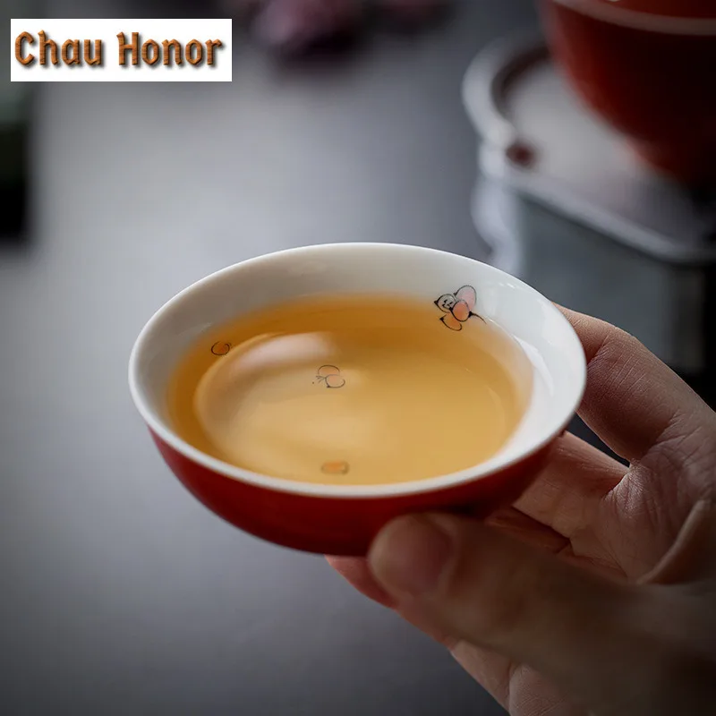 2PC/Set 40ml Pure Hand-painted Butterfly Love Flower Tea Cup Coral Red Ceramic Master Cup Household Kung Fu Pu'er Small Tea Bowl