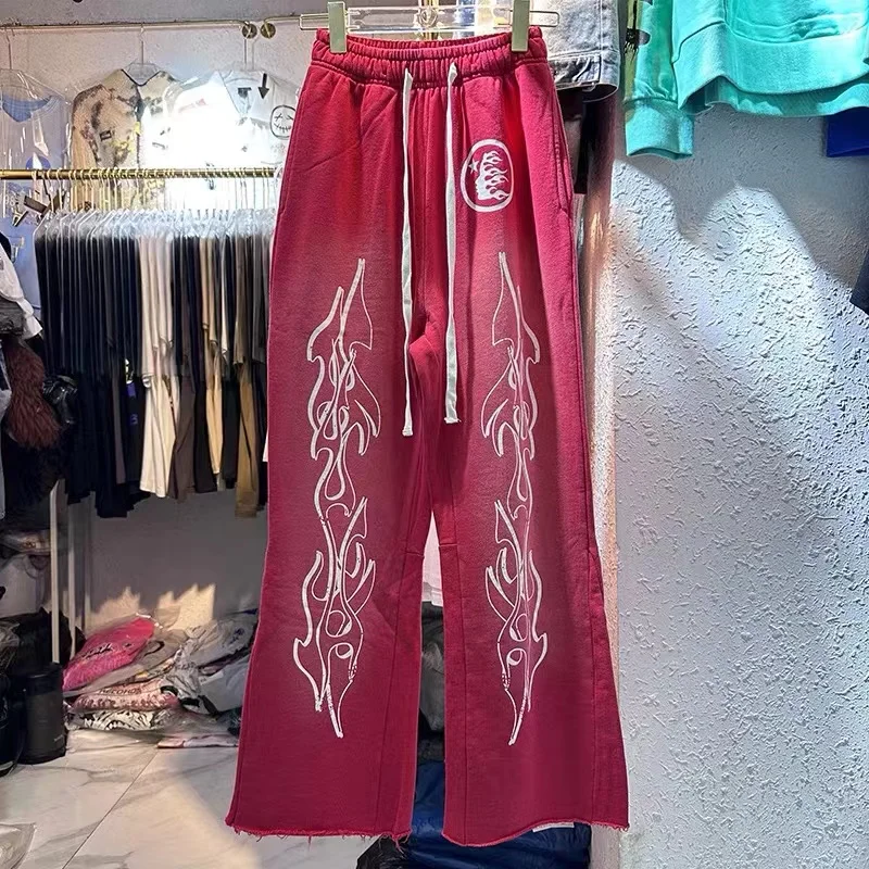 

Winter Red Flare Pants Men Women Vintage Letter Logo Hellstar Washed Pant Drawstring Elastic Waist Faded Hell Star Trousers