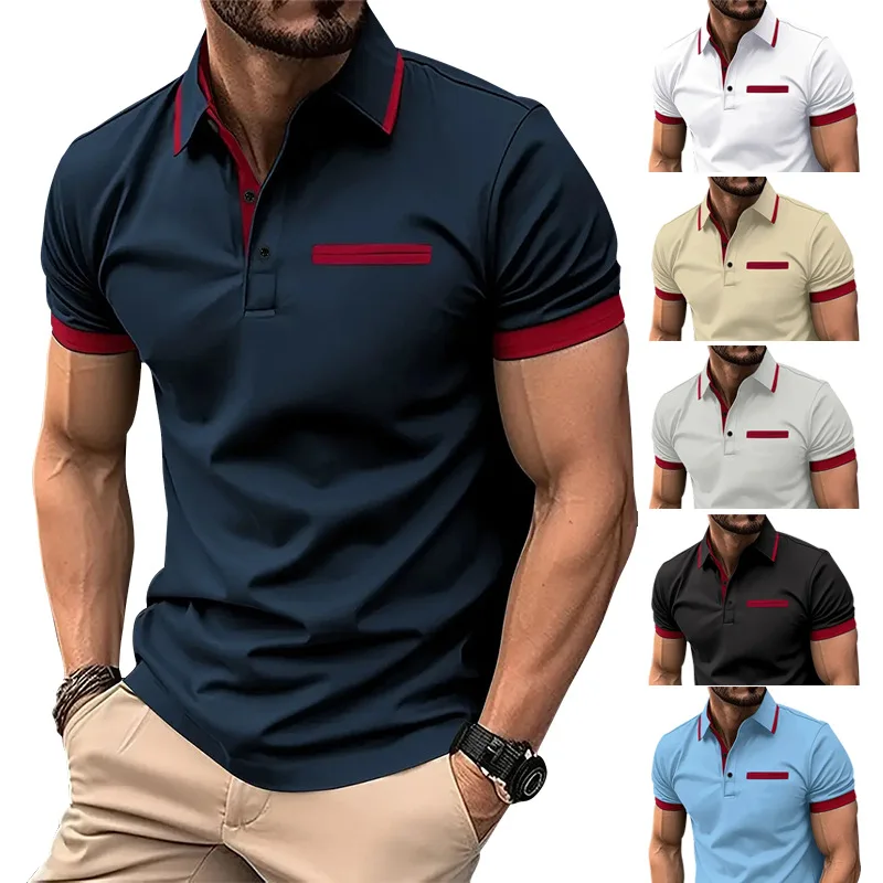 

GZMS-New Men's CasualPOLOShirt Chest Faux Pocket Lapel Button BusinessTT-shirt Color Matching Top Men