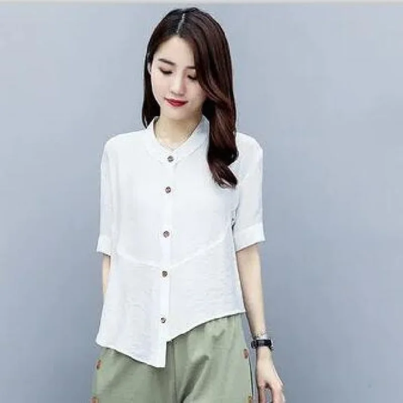 Cotton and Linen Fashion Set for Women's Summer Wear New Irregular Shirt Wide Leg Pants Set Temperament Casual Two-piece Set