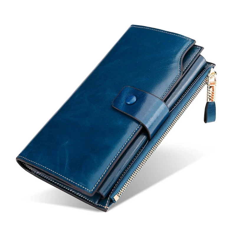 Multifunctional Womens RFID Blocking Large Capacity Luxury Waxed Split Leather