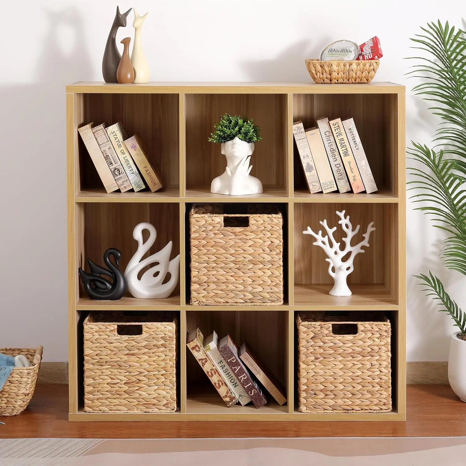 12 x 12 x 12in Water Hyacinth Storage Baskets, Wicker Storage Baskets for Shelves, Foldable Square Baskets for IKEA Kallax Set o 6