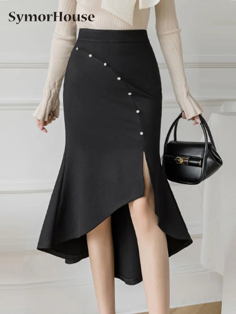 

Summer Autumn Stretch Skirts Women High Waist Office Lady Diamond Mermaid Skirts Elegant Black Split Wrap -Hips Skirts Femme