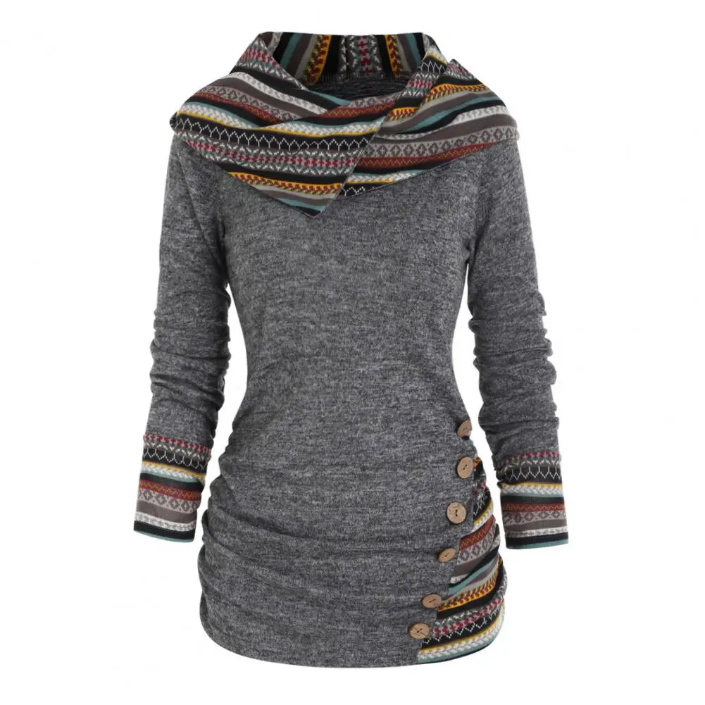 

Women Hoodie Ethnic Geometric Stripe Print Hoodie with Button Decor Women's Autumn Winter Mid-length Sweatshirt Stylish Hooded