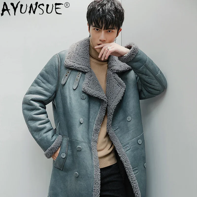 

AYUNSUE Natural Fur Coat Men Winter Warm Genuine Leather Jacket Male Long Loose Korean Wool Coats Belted New Veste Homme SQQ774