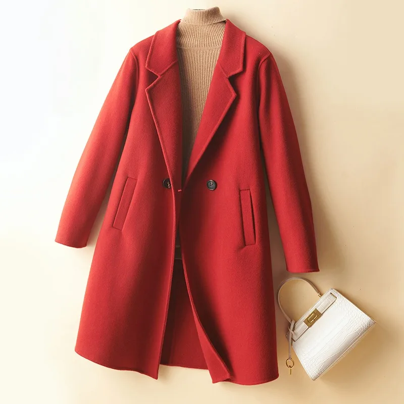 2023 Winter New Women Double-Sided Wool Overcoat Female Mid-Length Temperament Slim Fit Woolen Outwear Pure Color Casual Outcoat