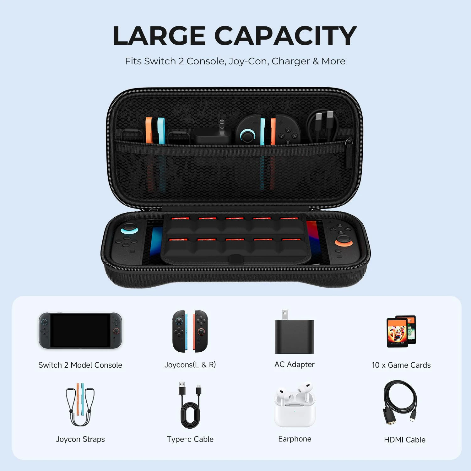 스위치 2 (2025) 케이스, 대용량 보호 하드 쉘 휴대용 여행 케이스 파우치 (스위치 2용), 게임 카드 슬롯 10개 포함