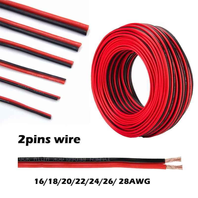 16 18 20 22 24 26 AWG 2Pins Copper Wire  DIY LED Lamp Connector Red & Black Flat Ribbon Cable 300V 80C