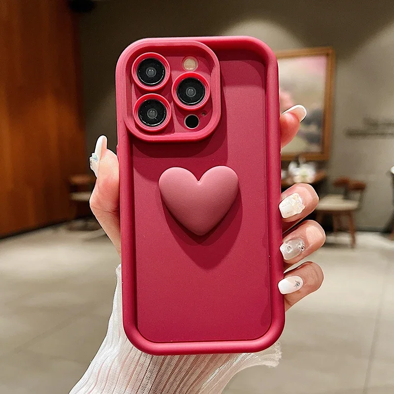Charming 3D Love Heart Pink Silicone Phone Case with Air Matte Finish