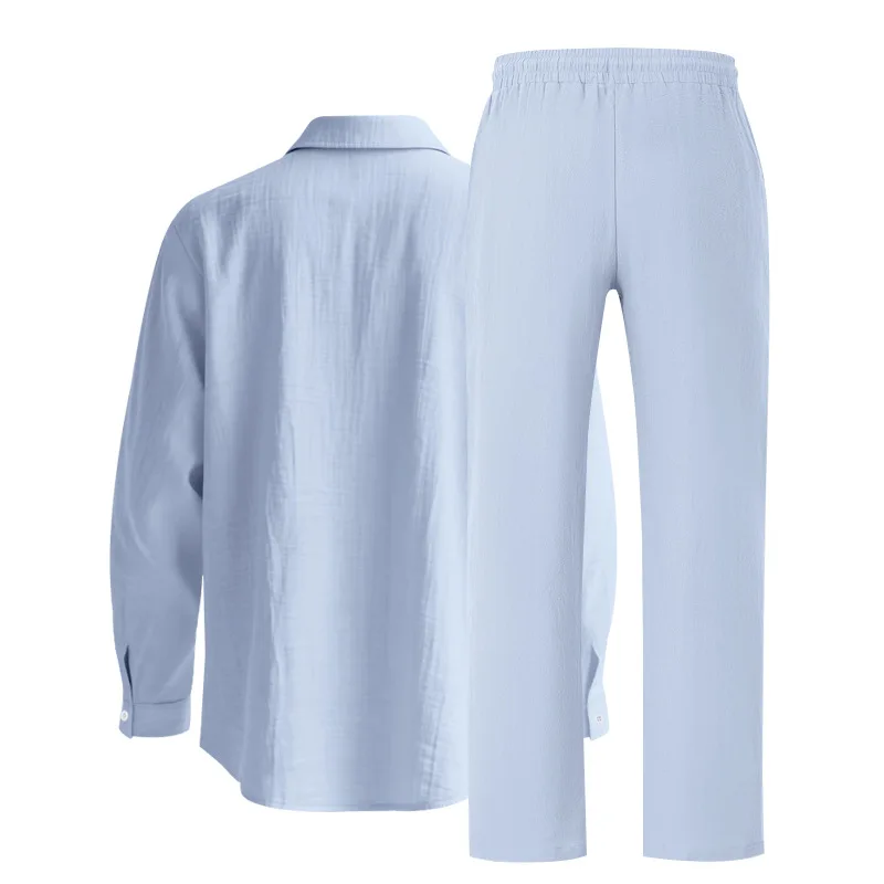 Men's Autumn Loose Trend Linen Solid Color Simple Lapel Long-Sleeved Shirt Beach Trousers Set