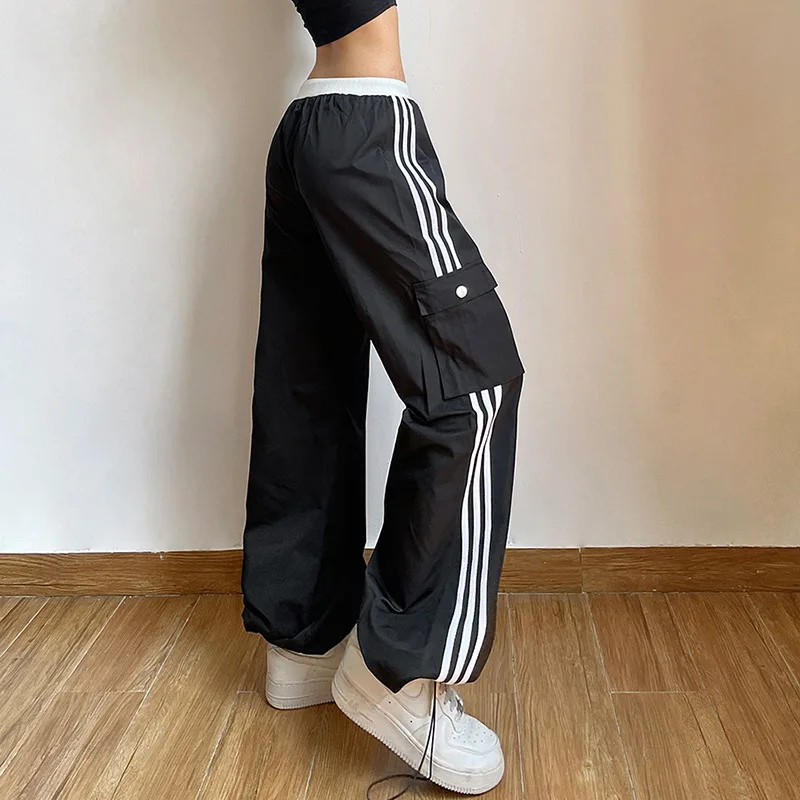 Women's Street Fashion Pocket Loose High-waist Striped Leggings Casual Pants Wide Leg Pants Women