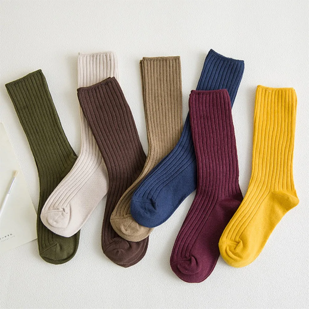 1 Pair Retro Women Cotton Loose Socks Autumn Winter Knitting Solid Color Long Black Pink Korean Japanese Student Girls Stockings womens socks
