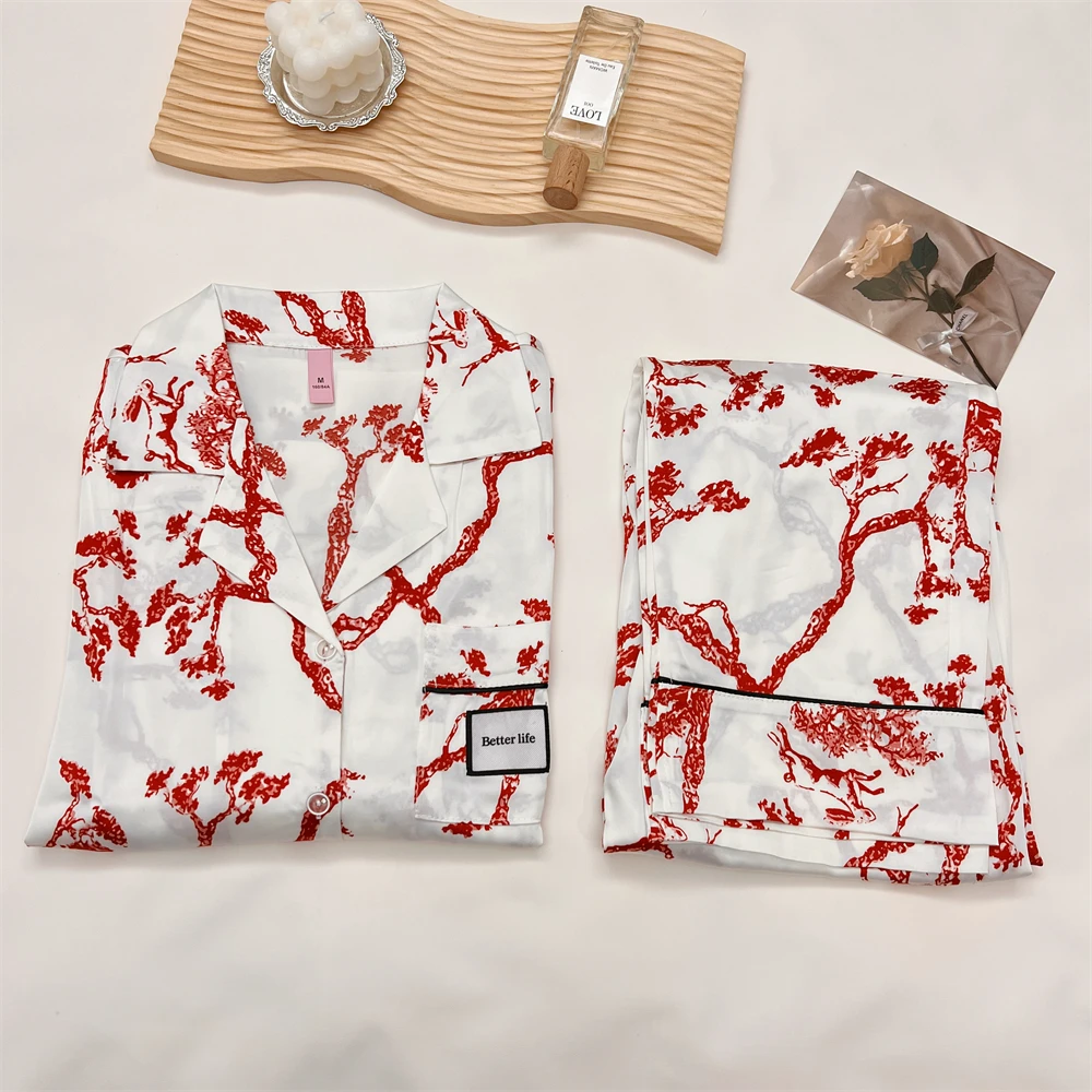 

2023 Spring New Ice Silk Pajamas Women's Long-sleeved Thin Women's Ink Painting Printed Two-piece Home Clothes