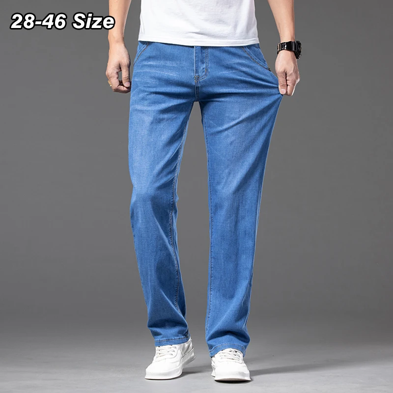 Pantalones vaqueros finos de verano para hombre, Jeans holgados rectos de  gran tamaño, elásticos, a la moda, color negro, azul claro, informales de  negocios, 44 46