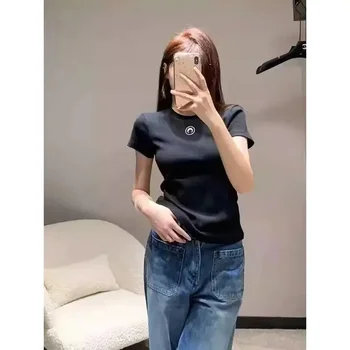 Slim Fit Short Sleeve T-Shirt Women Summer Round Neck Casual Solid Color Retro Embroidery Moon Design Versatile Innerwear 1