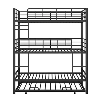 Triple Bunk Bed with Trundle Metal 3 Single Beds 2 Ladders Safety Rails Sturdy & Stylish Twin/Twin/Twin Space-Saving Design 5