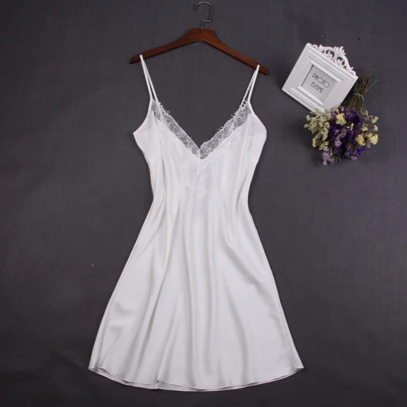 

Sexy White Women Nightwear Lace Nightdress Nighty Mini Nightgown Suspender Skirt Sleepwear Rayon Sleeveless For Female M-XXL