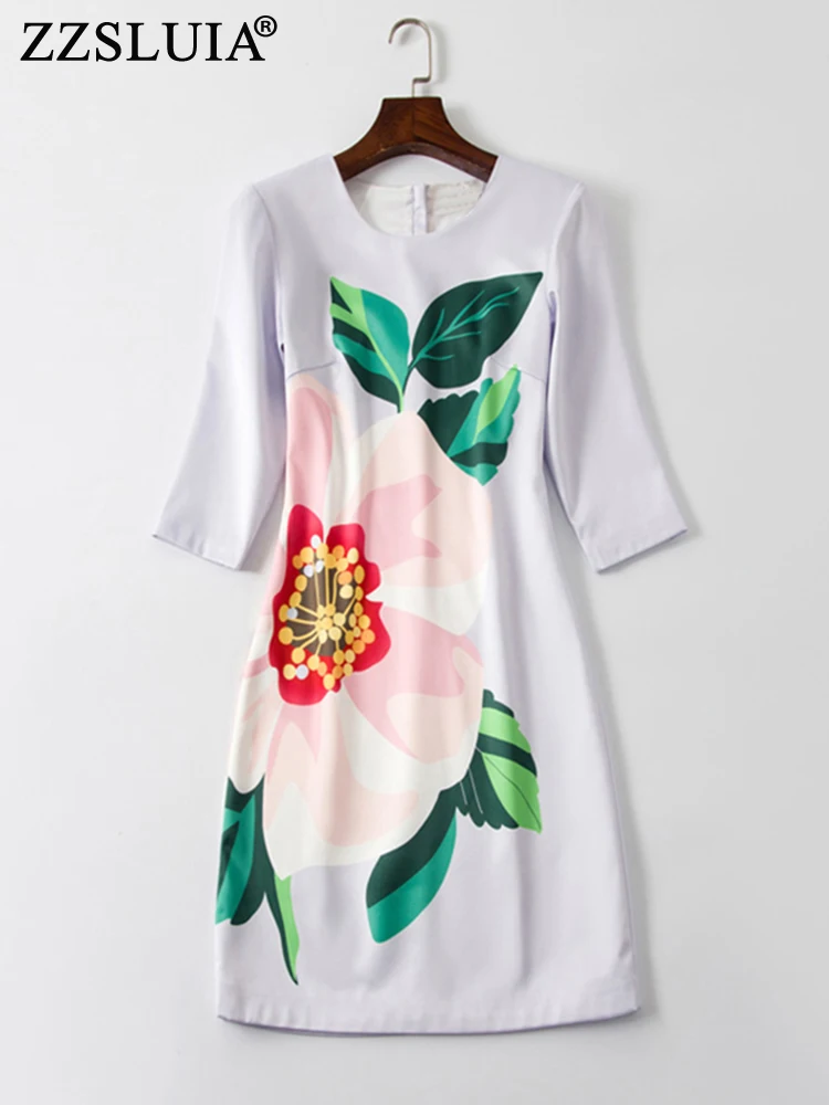 

ZZSLUIA Elegant Dresses For Women Floral Printed Designer Slim Dress Fashion Three Quarter Sleeve Commuter Dresses Female Cloth