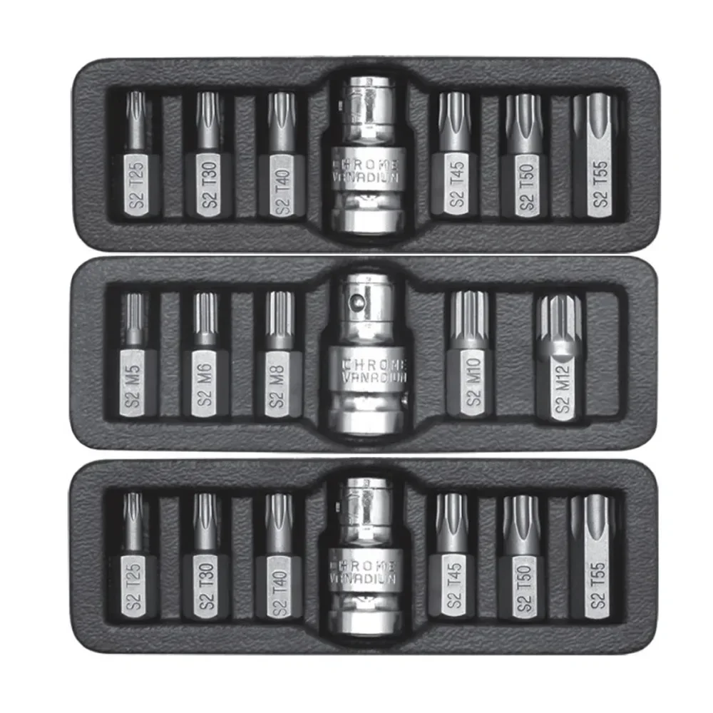 

2024 New 7pcs/set 3/8" 10mm Screwdriver Bit Set for Spline Torx Hex RIBE L30mm S2 with 1/2" Conversion Sleeve