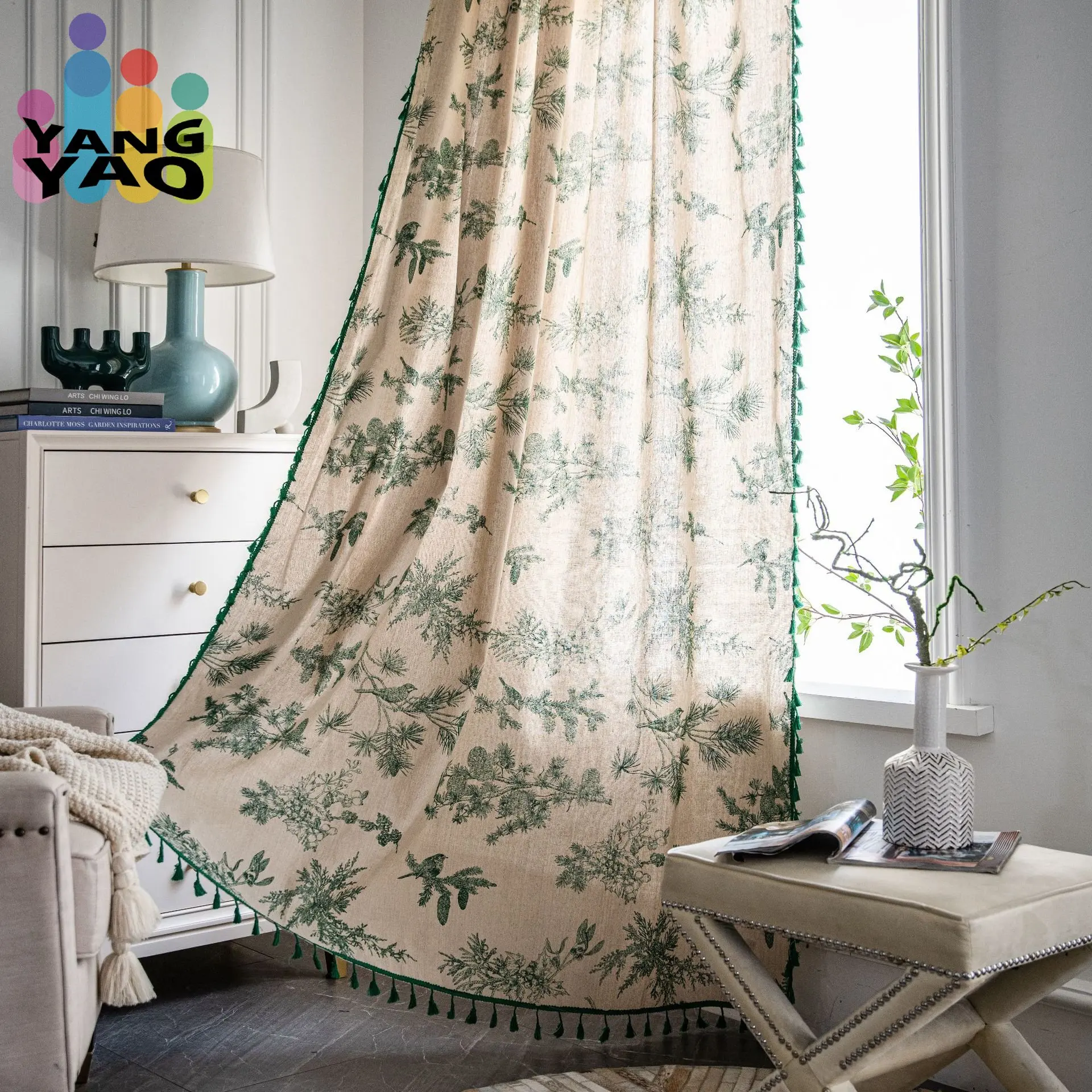 

Cotton Linen Green Pine Nut Printed Curtains With Semi Shading Tassel Curtains For Bedrooms Living Rooms Coffee Shops