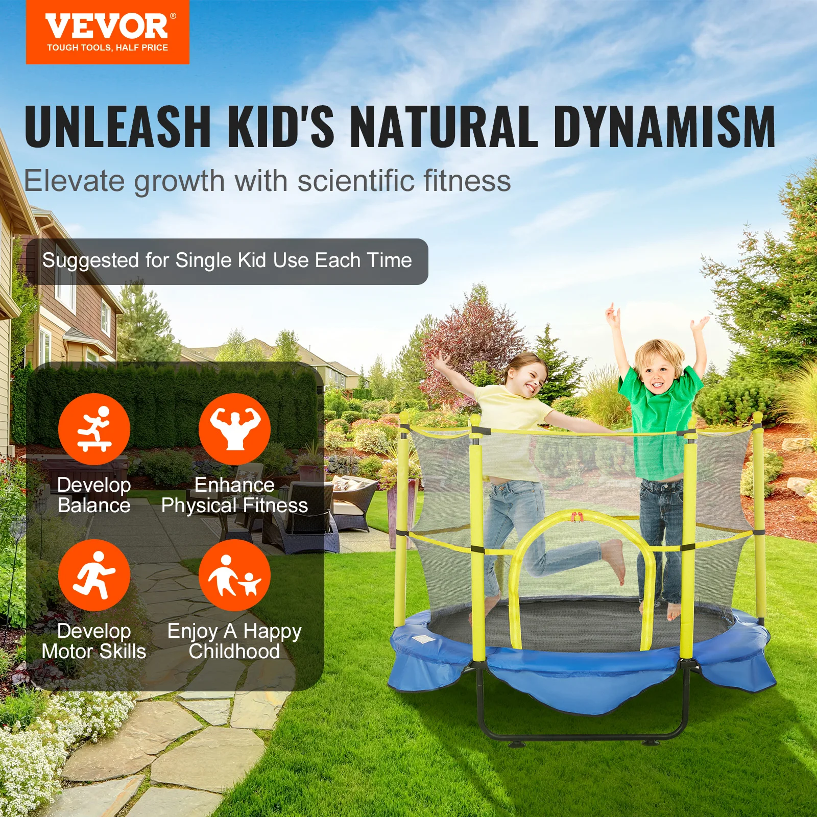 VEVOR 60" 5FT Trampoline for Kids Indoor Outdoor Trampoline with Safety Enclosure Net Basketball Hoop and Ocean Balls for Kids