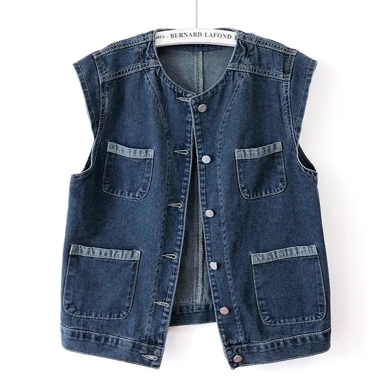 

Vintage Dark Blue O Neck Pocket Denim Vest Women Waistcoat Casual Cowboy Sleeveless Jacket Korean Loose Short Jeans Vest Female