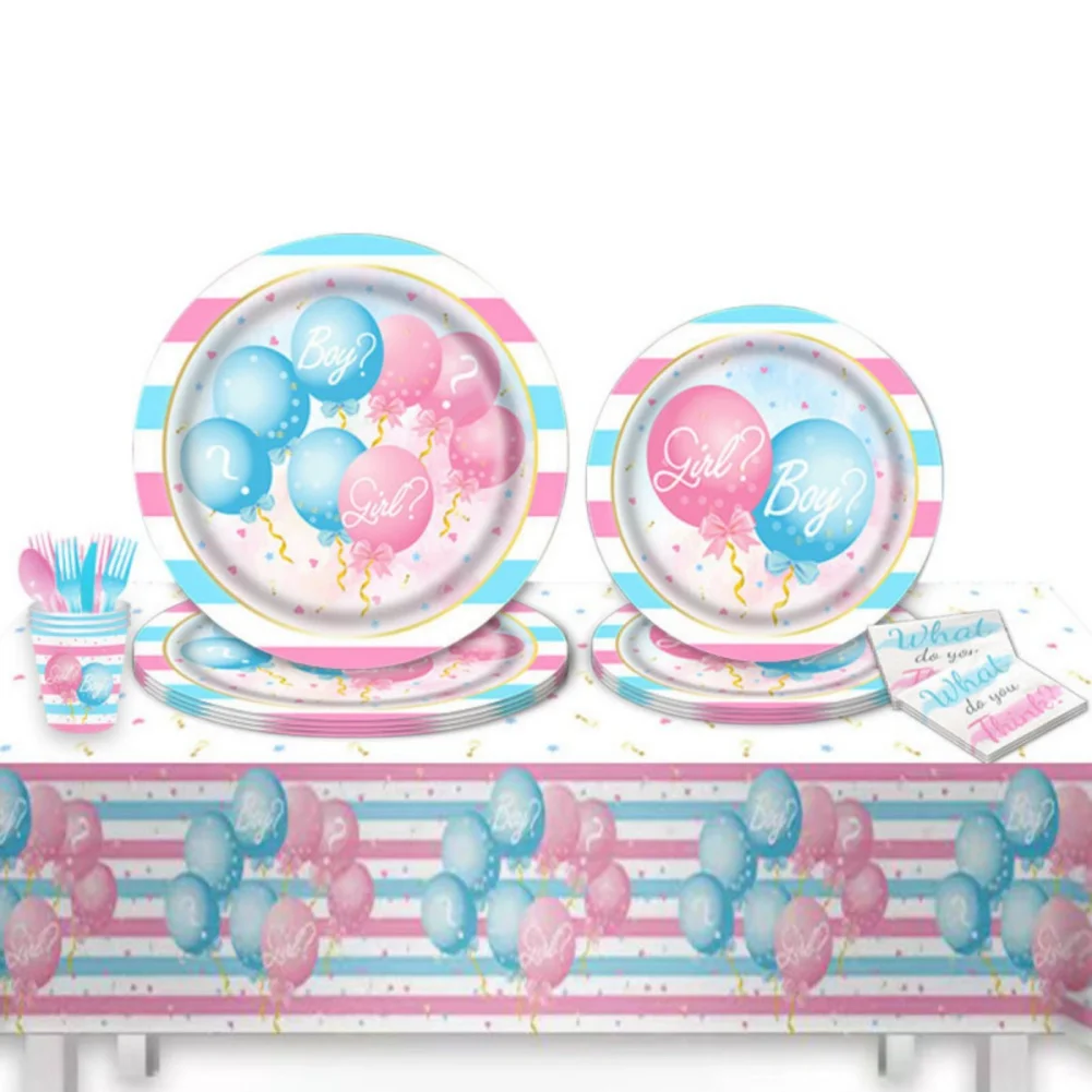 Pink Gender Reveal Theme Disposable Party Paper Tissue Paper Plate Tableware Set Birthday Party Cup Supplies 16 Servings