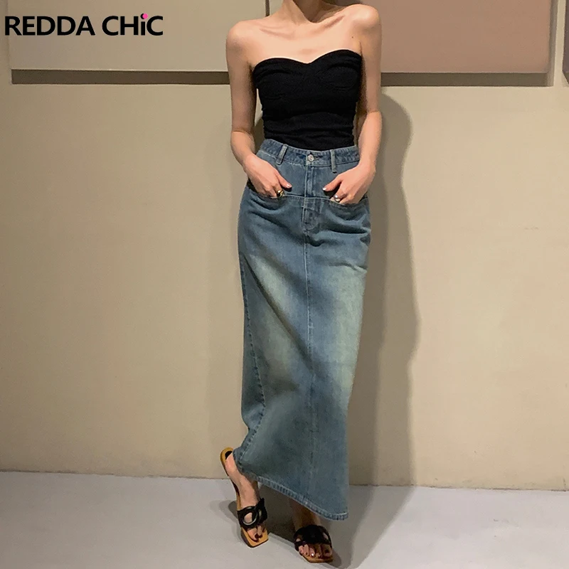 

REDDACHiC Washed A-line Loose Maxi Long Jean Skirt Tall Girl Friendly Denim Skirt Casual Plain Blue Vintage Y2k Grunge Clothes