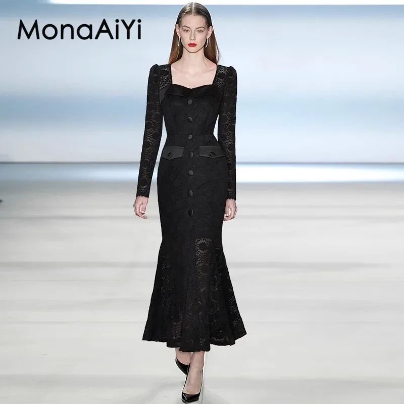 

MonaAiYi 2023 New Fashion Runway Designer Women's Autumn Square Neck Long Sleeves Hip Wrapped Fish Tail Lace Underlay Dress