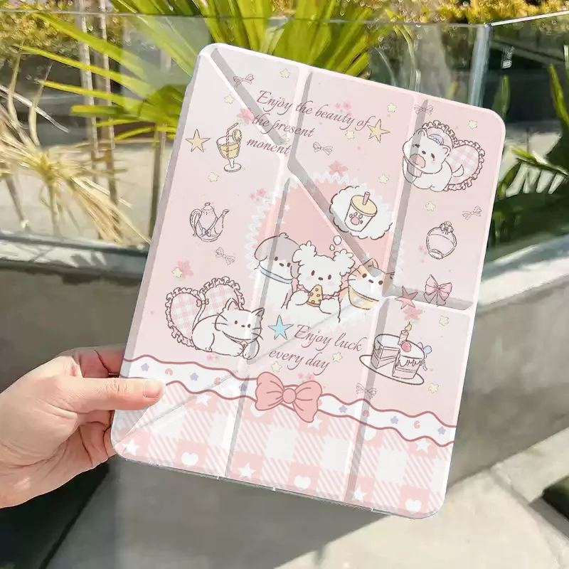 Chic Korean Pink Cat & Puppy Bow Tablet Case