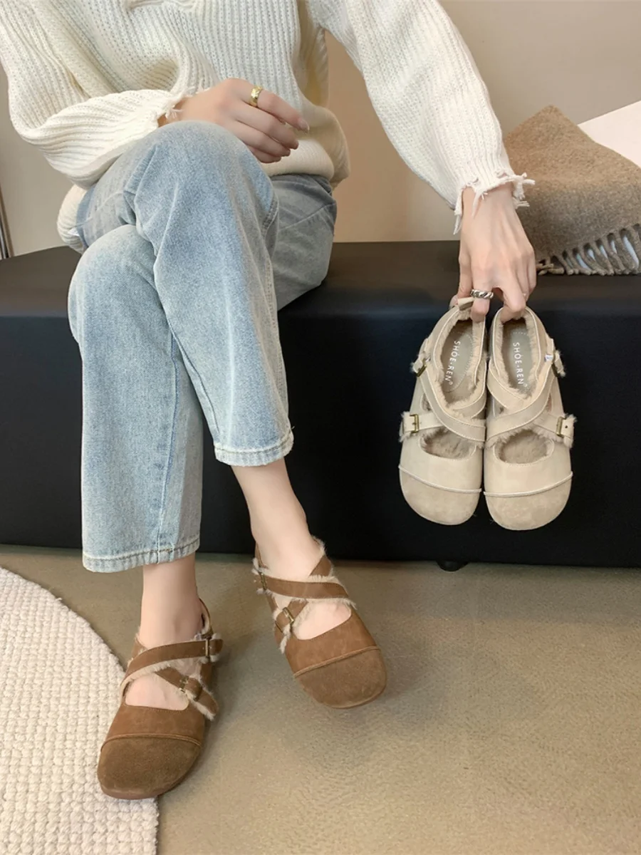 

Женские туфли на низком каблуке, зимняя обувь на плоской подошве, новинка из флока и натуральной кожи, простая универсальная обувь Мэри Джейн на низком каблуке