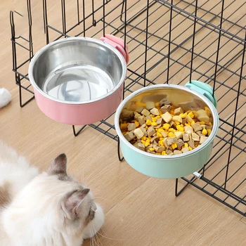 Pet Food Bowl Hanging Stainless Steel Pet Bowl Dogs Cats The 2-in-1 design is detachable Supplies Fixed Cat Bowl Crate Drinking 1