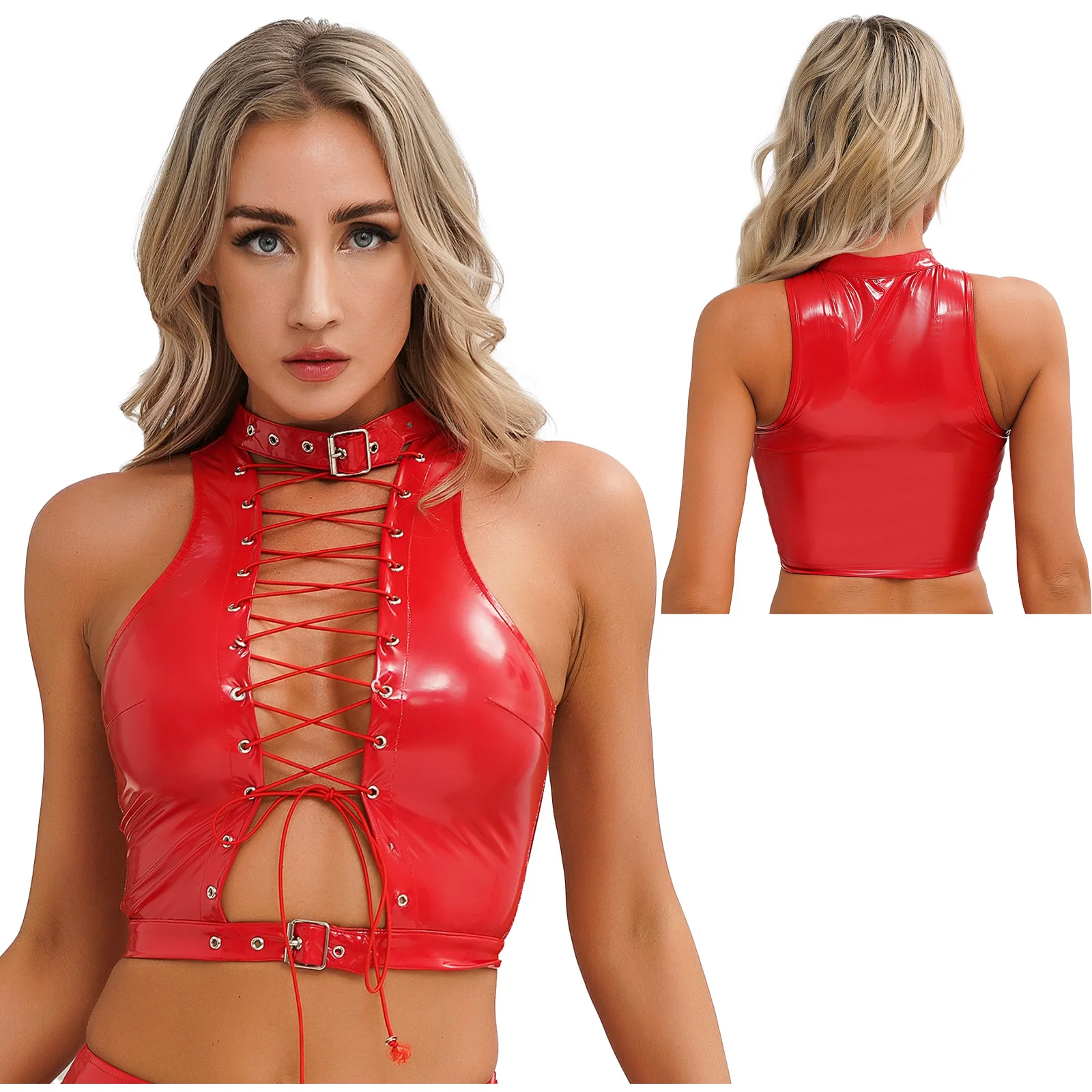 thumbnail image 1 of Top corto sin mangas para mujer, con hebilla ajustable en el escote, dobladillo con ojales, encaje, camisetas sin mangas, estilo gótico punk, 1 of 5